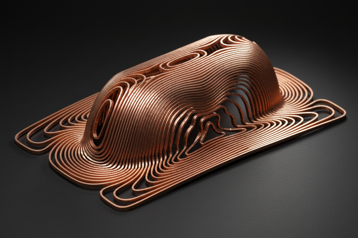 Render of an industrial prototype of a bilateral local breast gradient coil — copper conductor windings on a doubly-curved bilateral surface, against a dark studio background.