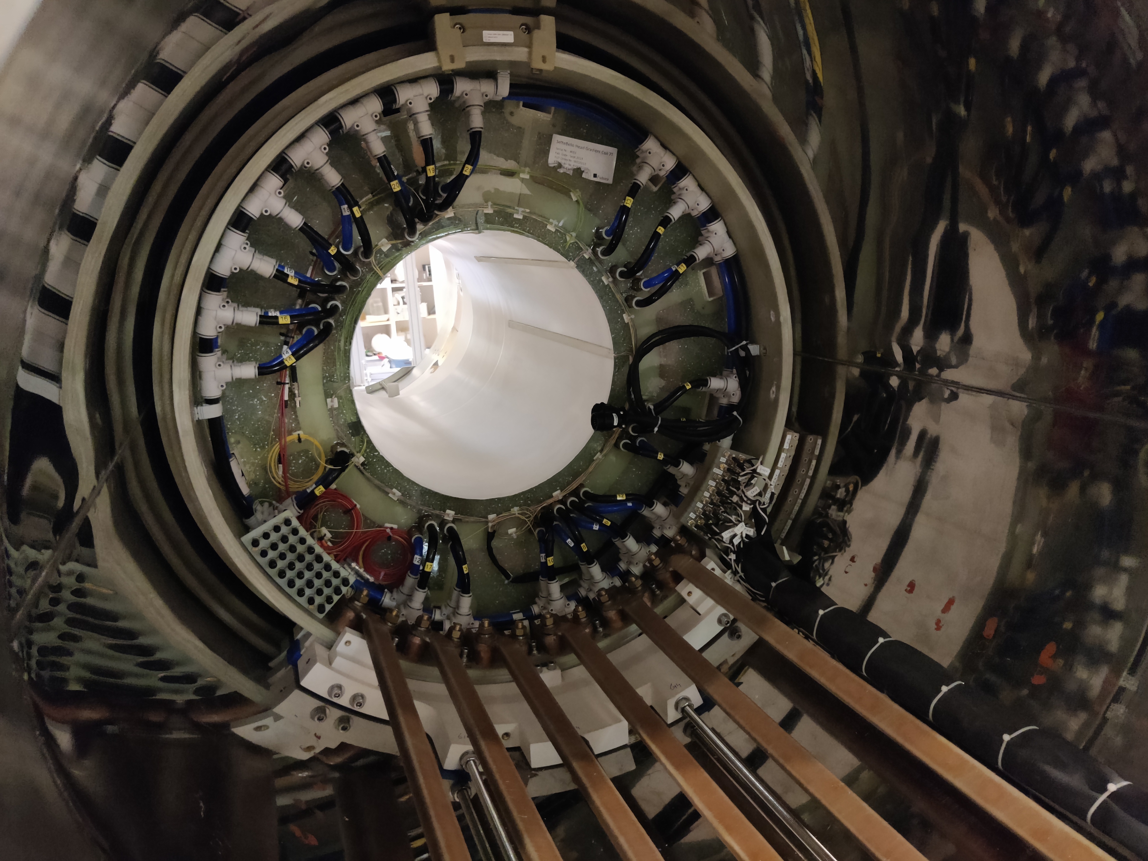 Insert gradient installed inside the 7T bore at ETH Zürich, viewed from the patient end.