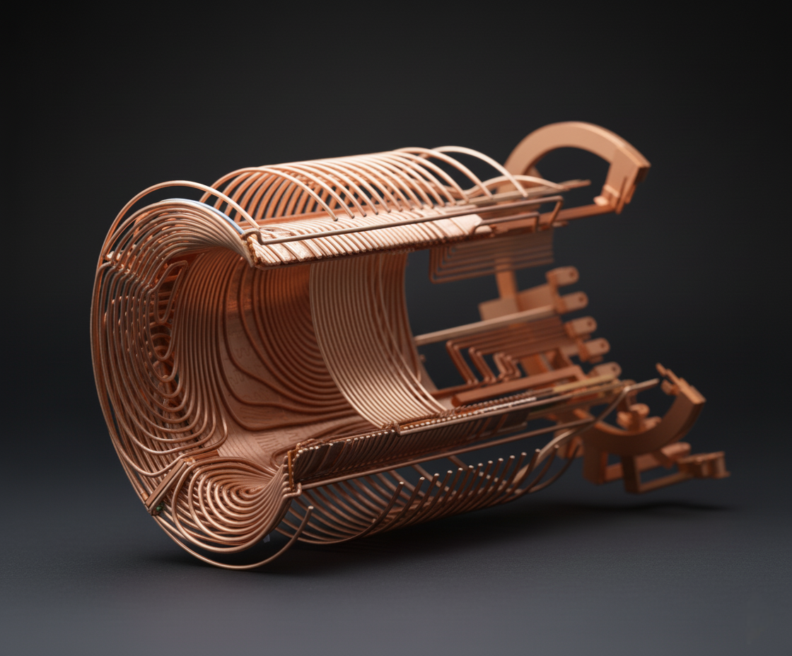 Cutaway render of dual-axis insert gradient coil — copper conductor windings against dark background.