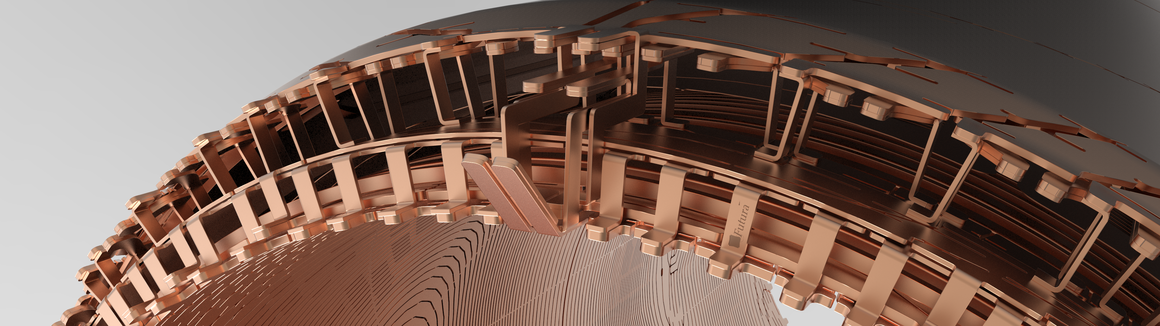Cutaway view of an MRI gradient coil — copper conductor brackets curving into the bore.